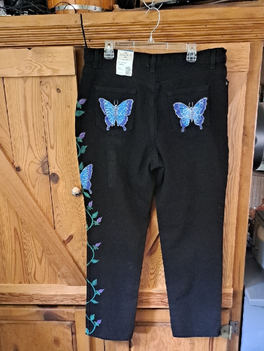 Hand Painted Black Jeans with Blue Butterfly & Vines  Flowers - Picture 6 of 11